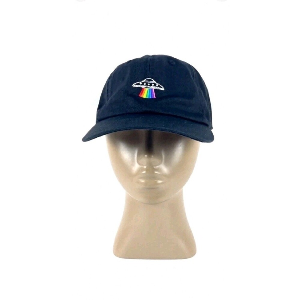 Snap Back Cap Hat UFO RAINBOW SAUCER black adjustable cotton aliens  *NEW*